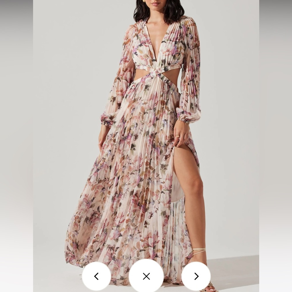 Astr “Revery” Pink and Cream Pleated, Silky Maxi Dress